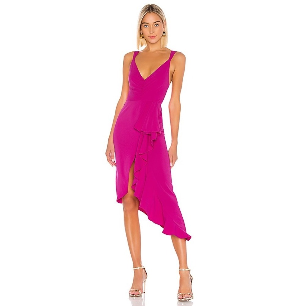 NWOT Lovers + Friends Claire Midi Dress XS Asymmetrical Ruffle Slit Event Party